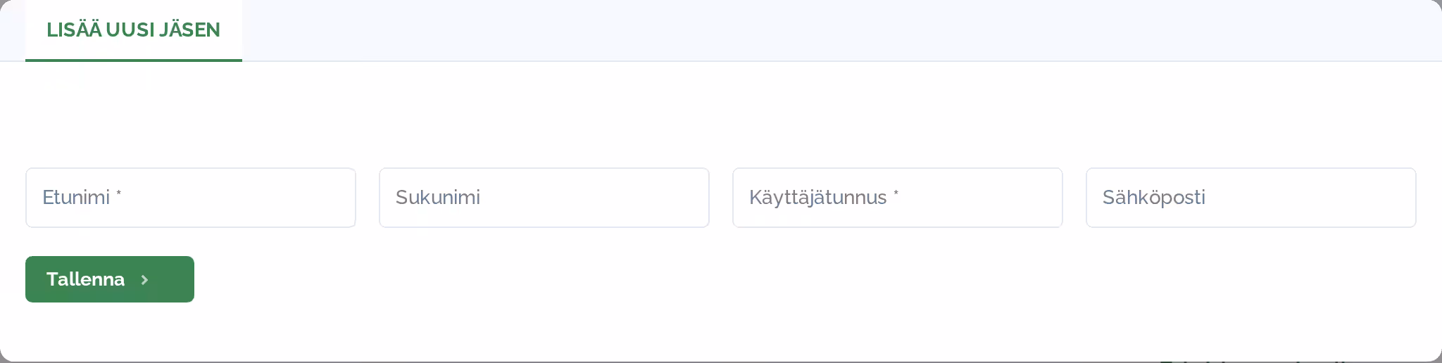 Lisää uusi jäsen -ikkuna, jossa kentät Etunimi, Sukunimi, Käyttäjätunnus ja Sähköposti sekä Tallenna-painike.