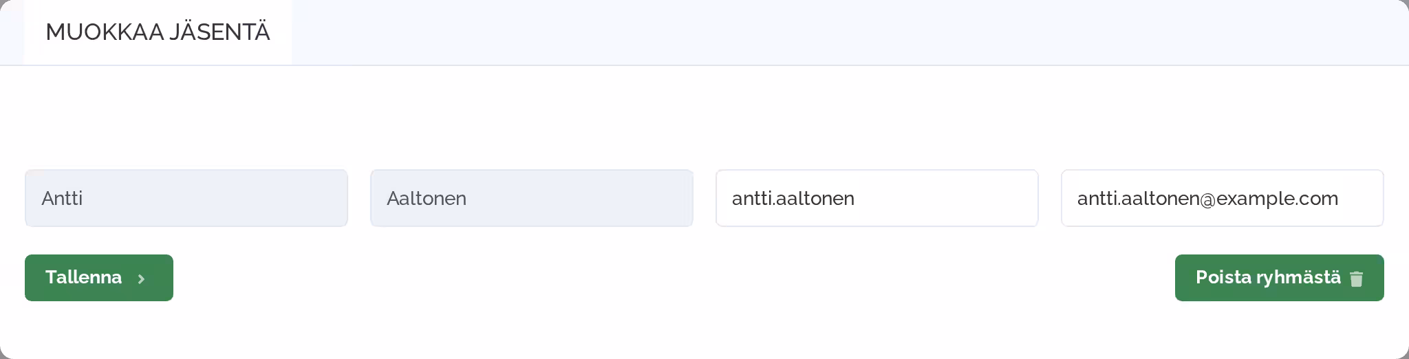 Muokkaa jäsentä -ikkuna. Etunimi ja Sukunimi ovat harmaalla pohjalla, koska ne on lukittu. Käyttäjätunnus ja Sähköposti ovat valkoisia ja muokattavissa. Alareunassa Tallenna-painike ja Poista ryhmästä -painike.