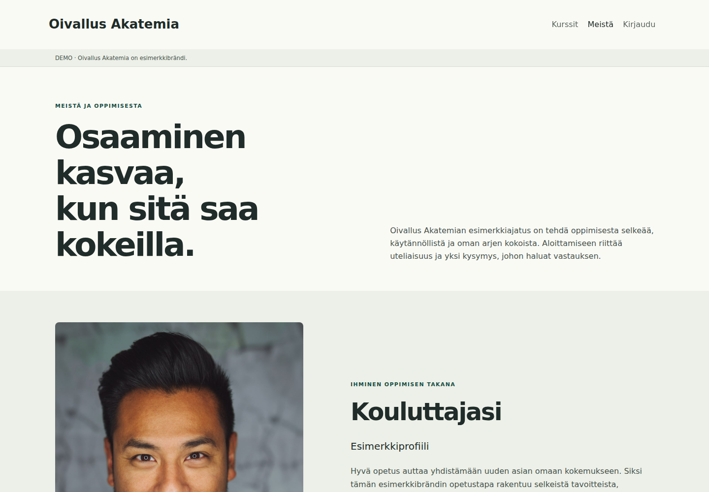 Oivallus Akatemian Meistä-esimerkkisivu esittelee koulutusyrityksen tarinaa ja toimintatapaa.