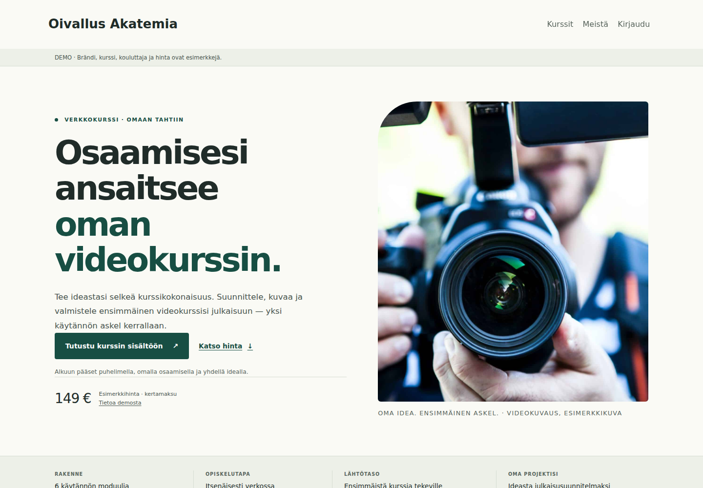 Oivallus Akatemian esimerkkikurssin myyntisivu: videokurssin esittely ja kuva videokameraa käyttävästä kouluttajasta.